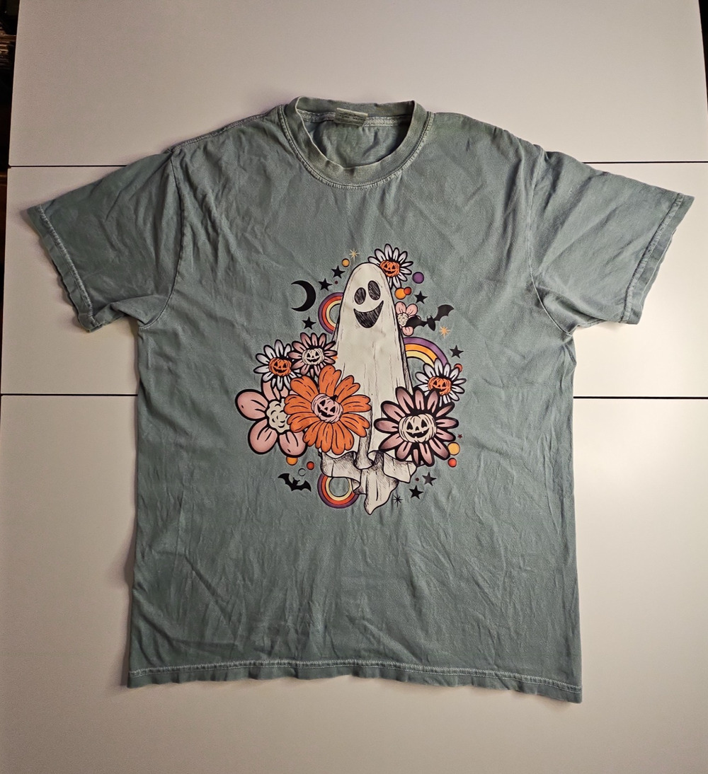 Comfort Colors Halloween Ghost Floral Graphic T Shirt Adult L Garment Dyed